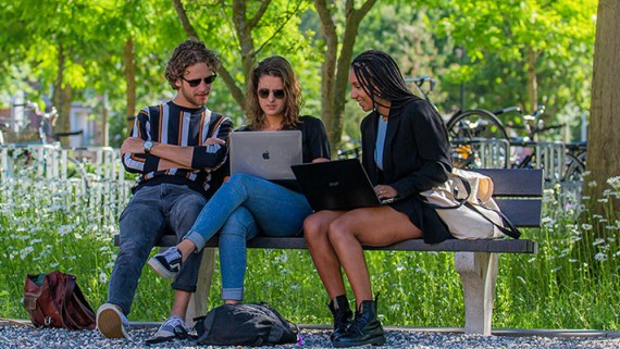 Drie studenten werken op een bankje op de BUas campus