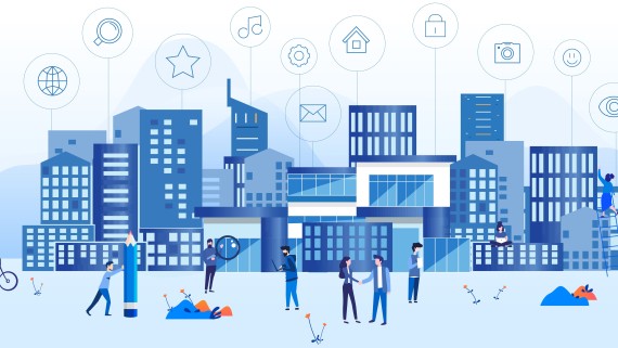 Een tekening van mensen in een stad