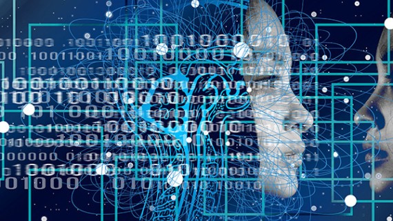AI-afbeelding van een gezicht in een digitaal netwerk