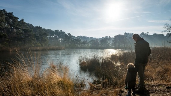 Een man en zijn zoontje lopen over de heide