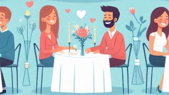 Geanimeerde afbeelding van drie stellen aan een tafel