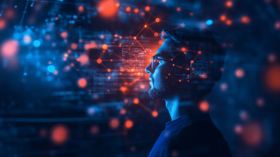 AI-afbeelding van een man in een netwerk van rode bollen