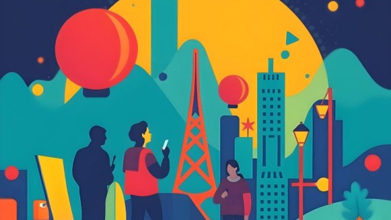 Tekening van mensen in een grote stad