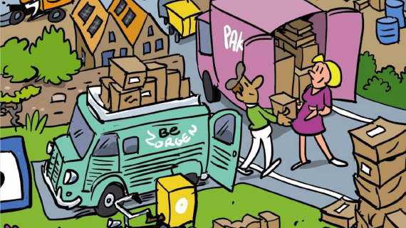 Tekening van pakketbezorgers in een stad