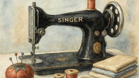 Tekening van een ouderwetse naaimachine