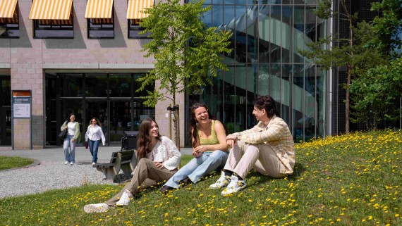 drie studenten op het gras op de campus