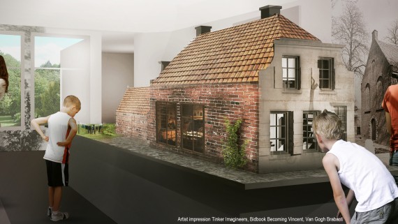 Kinderen in een museum bekijken de maquette van een oud huis