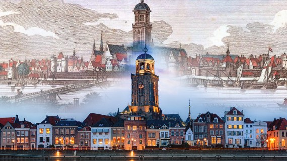 Een collage van oude steden aan het water