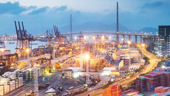 Containers staan opgeslagen in een grote haven