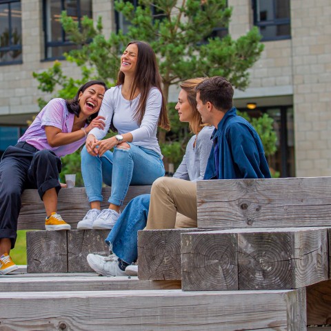 Vijf studenten zitten op houten blokken op de BUas campus