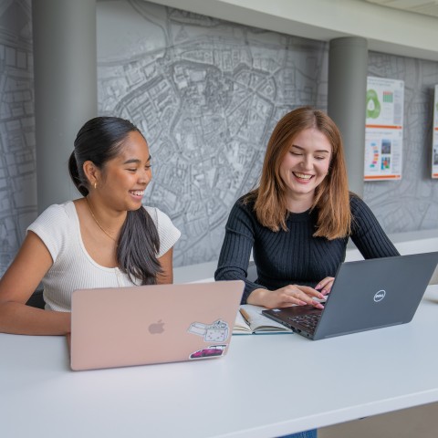 Twee studenten werken op hun laptop