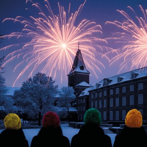 Tekening van de BUas campus met vuurwerk