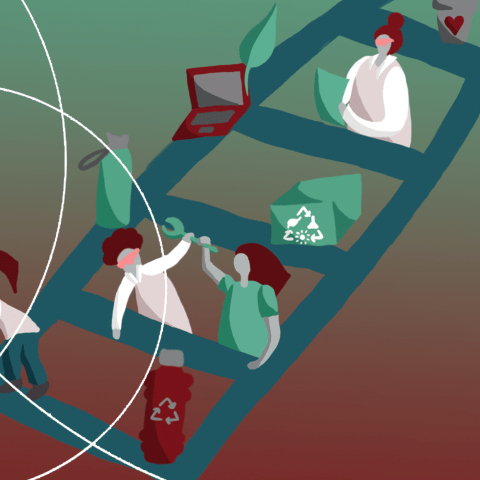 Tekening van personen die elkaar helpen om duurzaam te worden