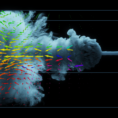 Geprogrammeerd model van een rookwolk met gekleurde pijlen