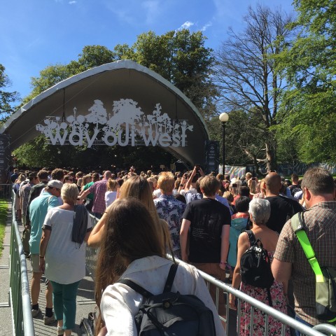 Mensen staan in rijen bij de ingang van een festival
