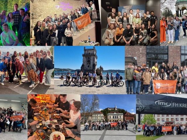Collage van groepsfoto's op studiereizen