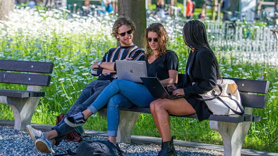 Drie studenten op een bankje werken op de BUas campus