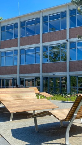 Houten banken voor een gebouw op de BUas campus