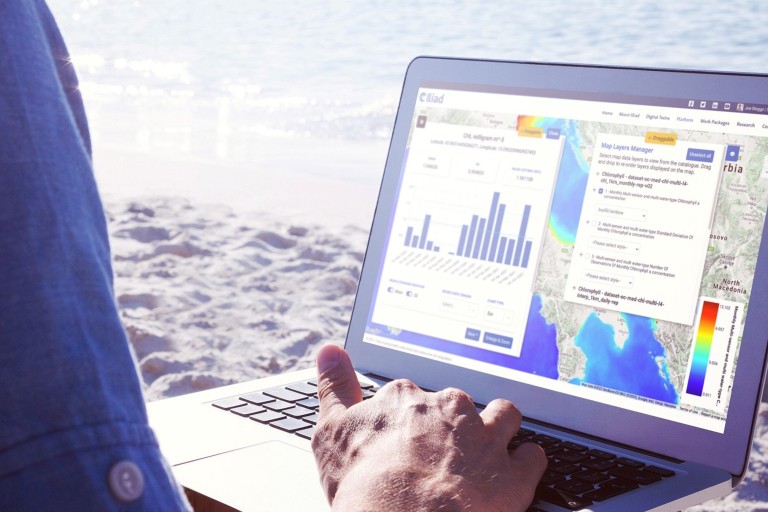 Iemand werkt op een laptop aan het strand