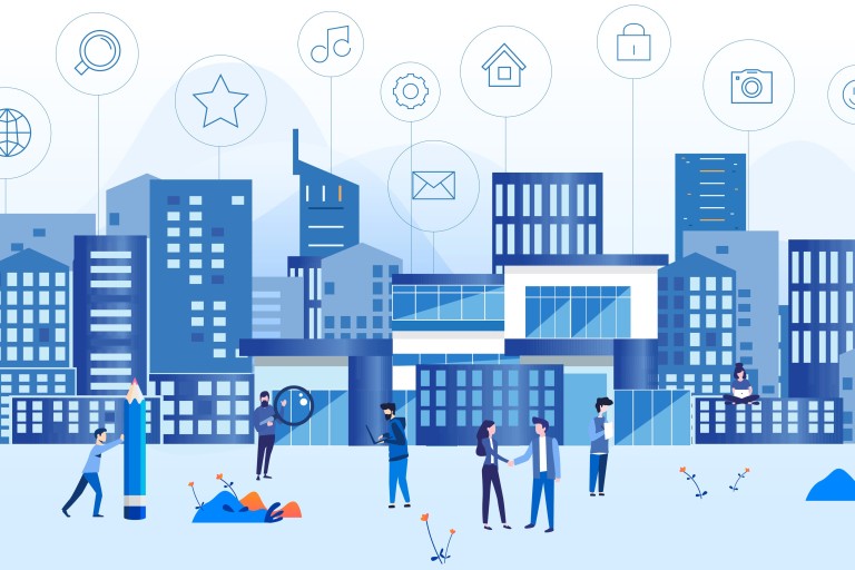 Een tekening van mensen in een stad