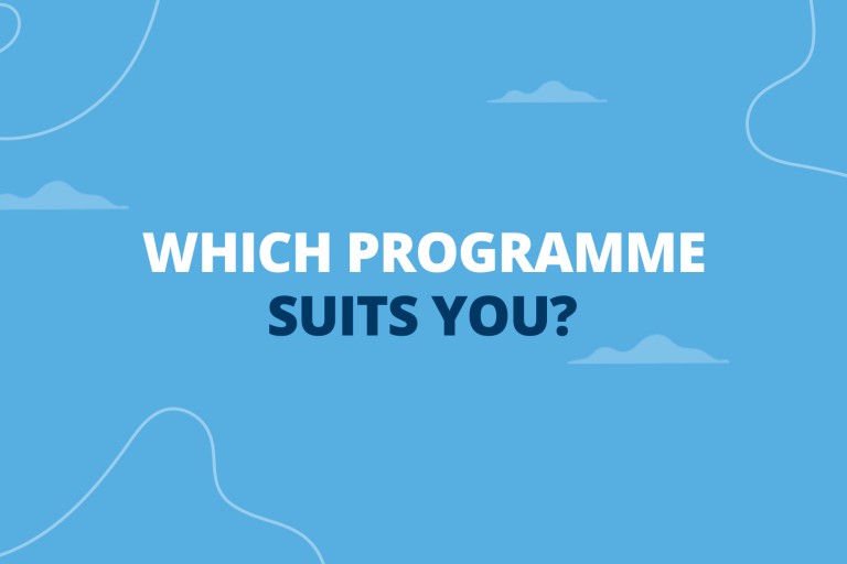 Blauw vlak met de woorden 'Which programme suits you?'