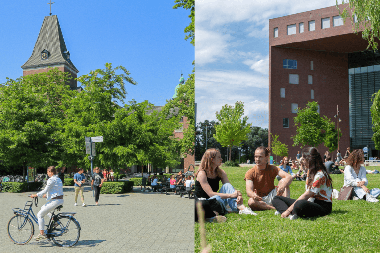 Fietsende mensen en mensen in het gras op de BUas campus