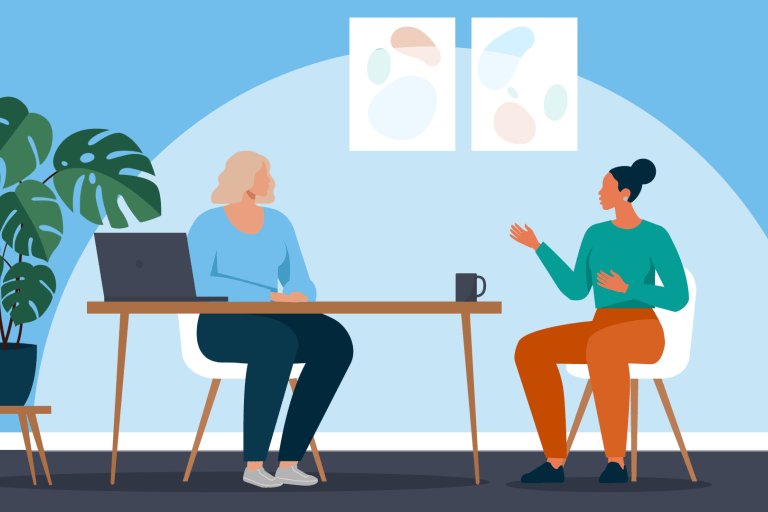 Animatie van een gesprek met een vertrouwenspersoon