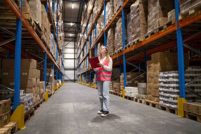 Een student staat in een magazijn met hoge stellages