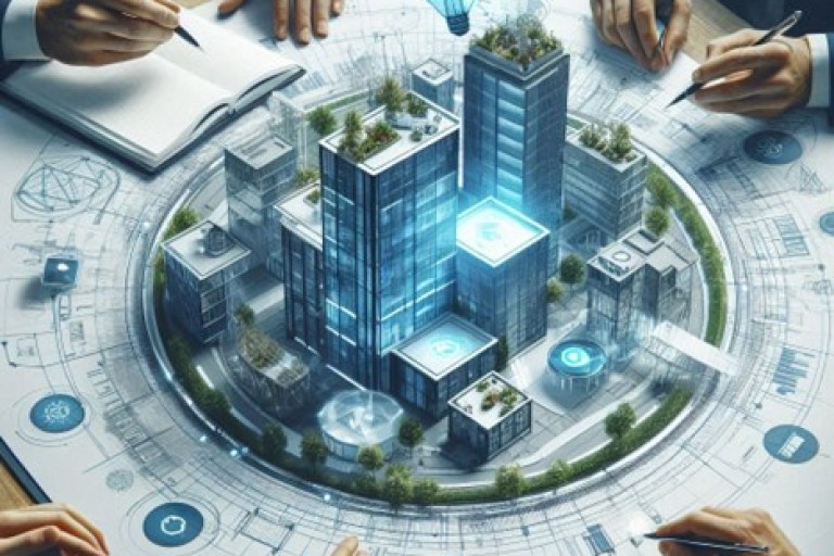 Vijf mensen werken aan een schaalmodel van gebouwen