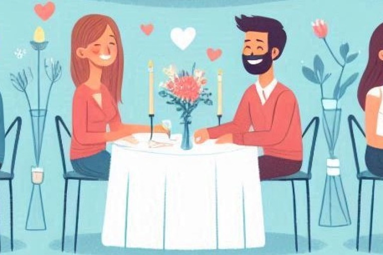 Geanimeerde afbeelding van drie stellen aan een tafel