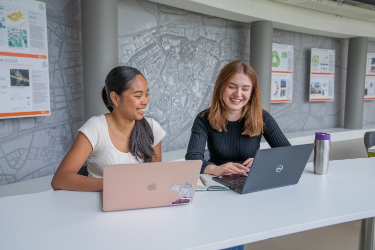 Twee studenten werken op hun laptop