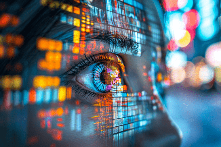 AI-afbeelding van een gezicht met gekleurde reflecties