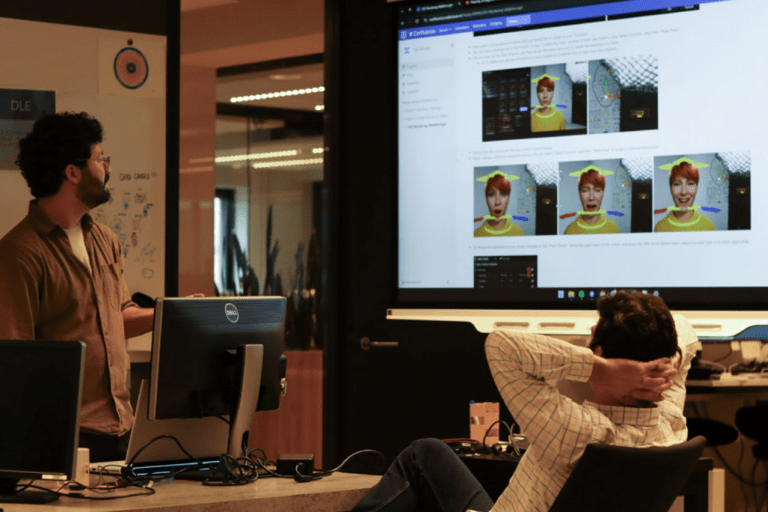 Twee medewerkers bekijken een presentatie op een digibord