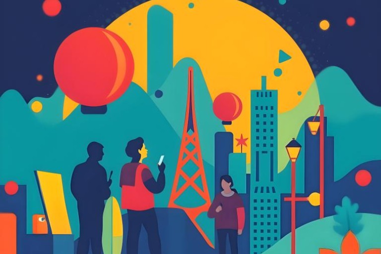 Tekening van mensen in een grote stad