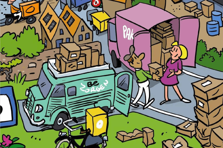 Tekening van pakketbezorgers in een stad