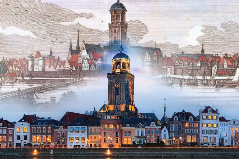 Een collage van oude steden aan het water