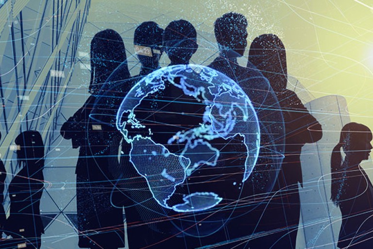 AI afbeelding van een groep mensen en een wereldbol