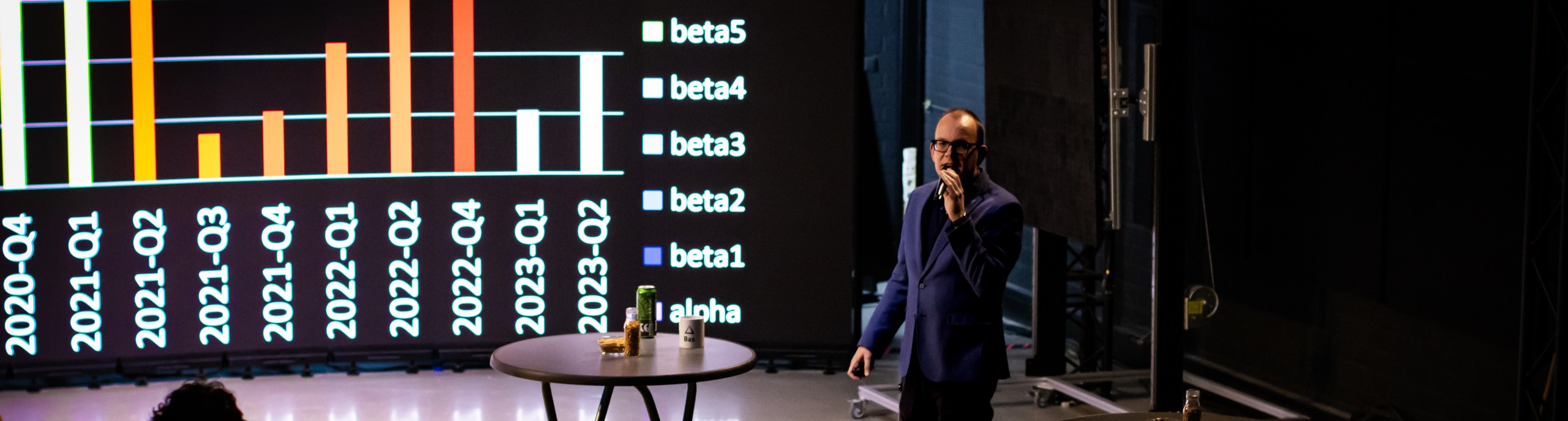 Een man geeft een presentatie voor een groot scherm met data