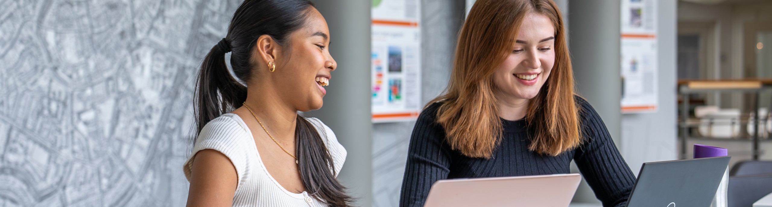 Twee studenten werken op een laptop
