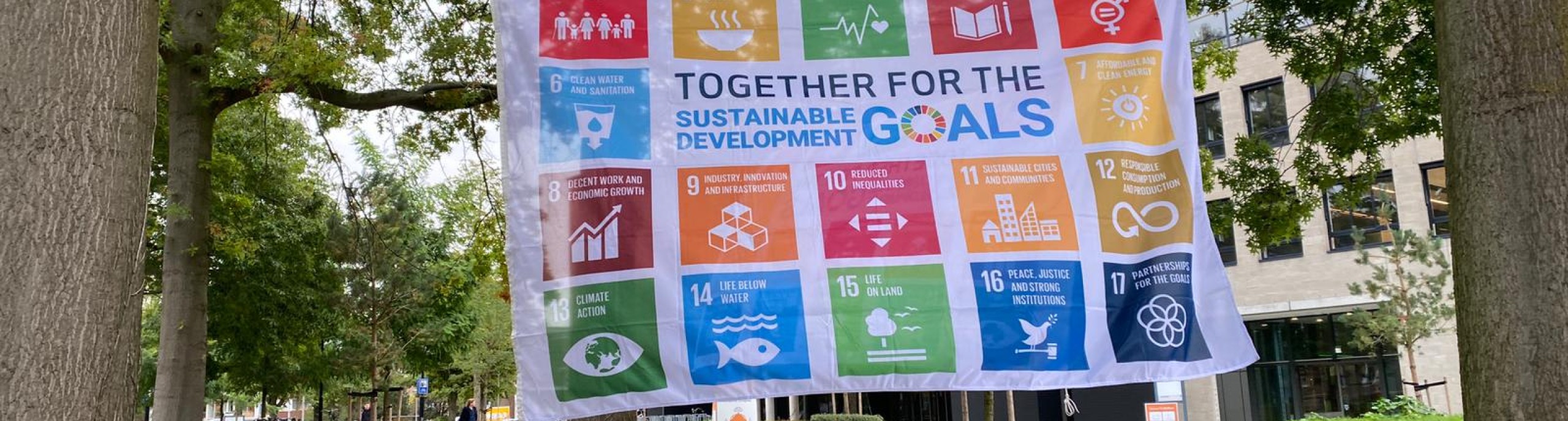 Een vlag met de duurzaamheidsprincipes van BUas