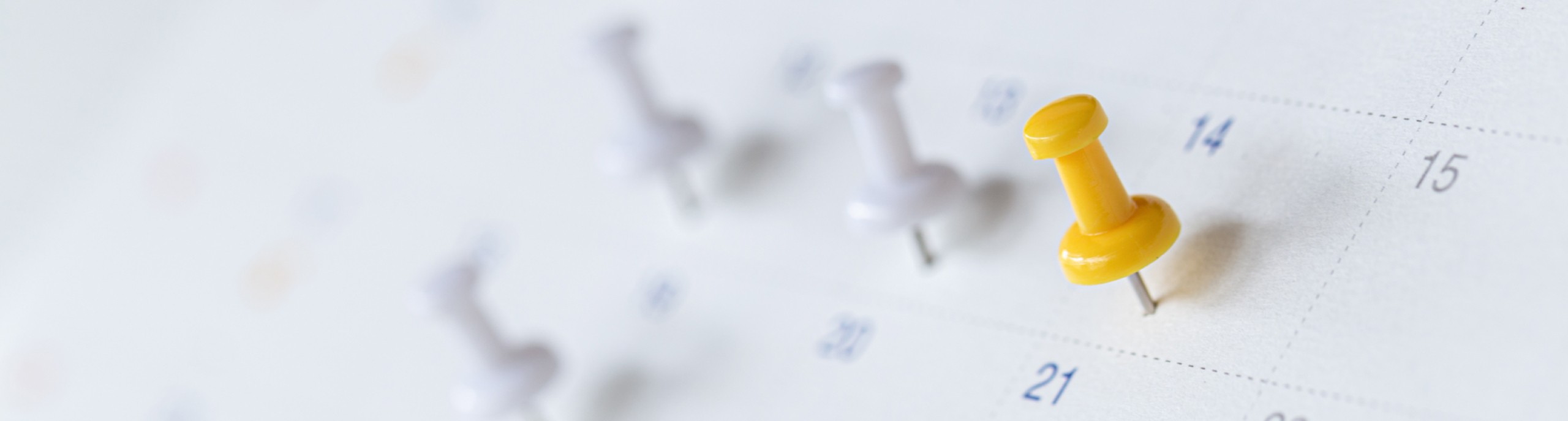 Witte en gele punaises zijn op een kalender geprikt 