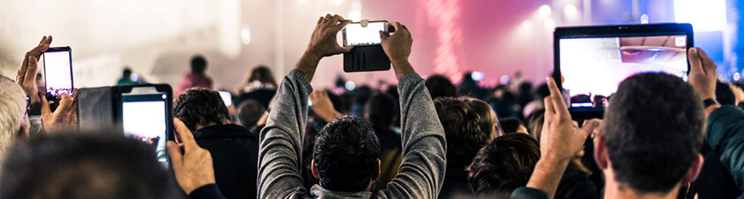 Audience holding cameras at a large concert, an event that could be involved in during the Master Strategic Events Management.