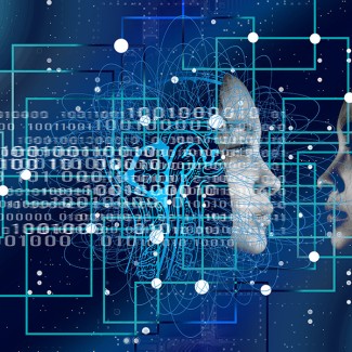 AI-afbeelding van een gezicht in een digitaal netwerk