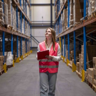 Een student loopt door een magazijn