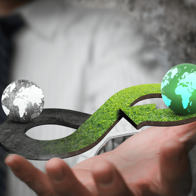 Een hand houdt groene en een donkere wereldbol vast