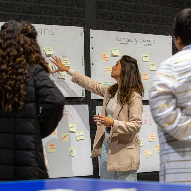 Studenten kijken naar een docent bij een bord met post-its