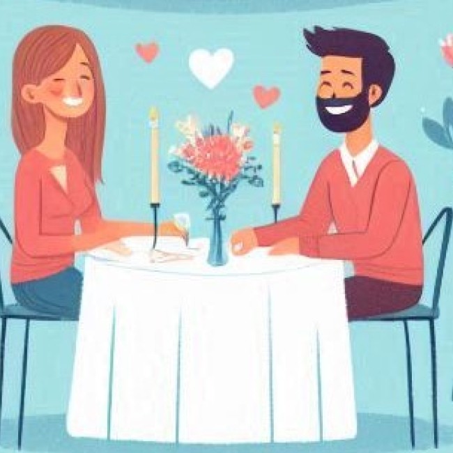 Geanimeerde afbeelding van drie stellen aan een tafel