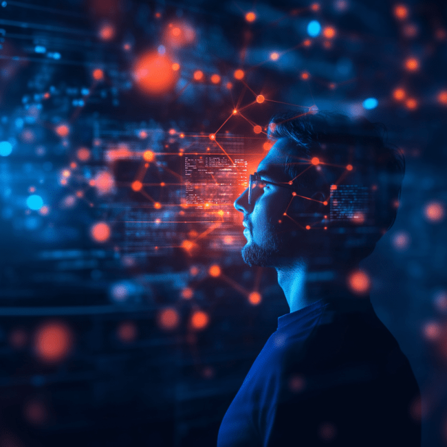 AI-afbeelding van een man in een netwerk van rode bollen