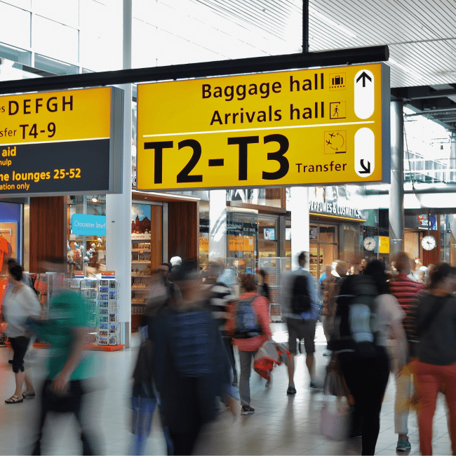 Mensen in een aankomsthal op een vliegveld.