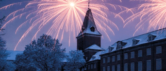 Tekening van de BUas campus met vuurwerk